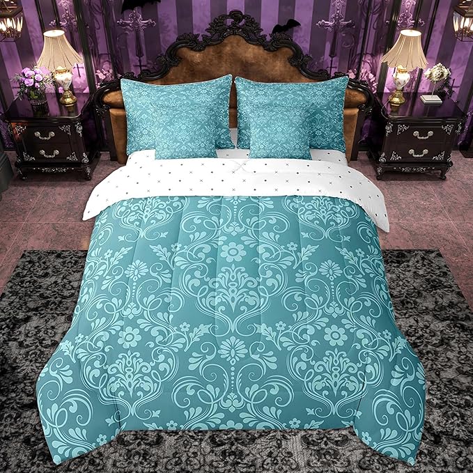 Feelyou Adults Teal Vintage Damask Floral Bedding Set Oriental Antique Comforter Set 7 Pieces Comforters Full Size Gothic Bohemia Boho FlowerBohemian Exotic Bed in a Bag