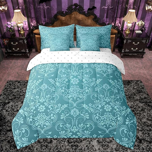Feelyou Adults Teal Vintage Damask Floral Bedding Set Oriental Antique Comforter Set 7 Pieces Comforters Full Size Gothic Bohemia Boho FlowerBohemian Exotic Bed in a Bag