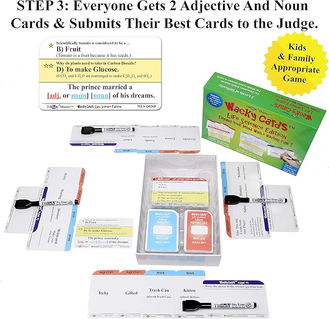 Think2Master Wacky Cards Life Science. Science Card Game for Families & Classroom. Make Hilarious Sentences While Learning About Life Science. Multi Leveled. Kids & Adults can Play Together.