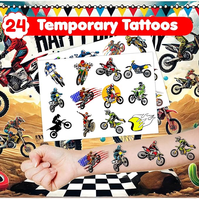 48PCS Dirt Bike Party Favors - 24PCS Tattoos & 24PCS Slap Bracelets, Motocross Bike Pattern, Ideal for Themed Birthday Parties, School Prizes, and Classroom Gift Exchange for Kids