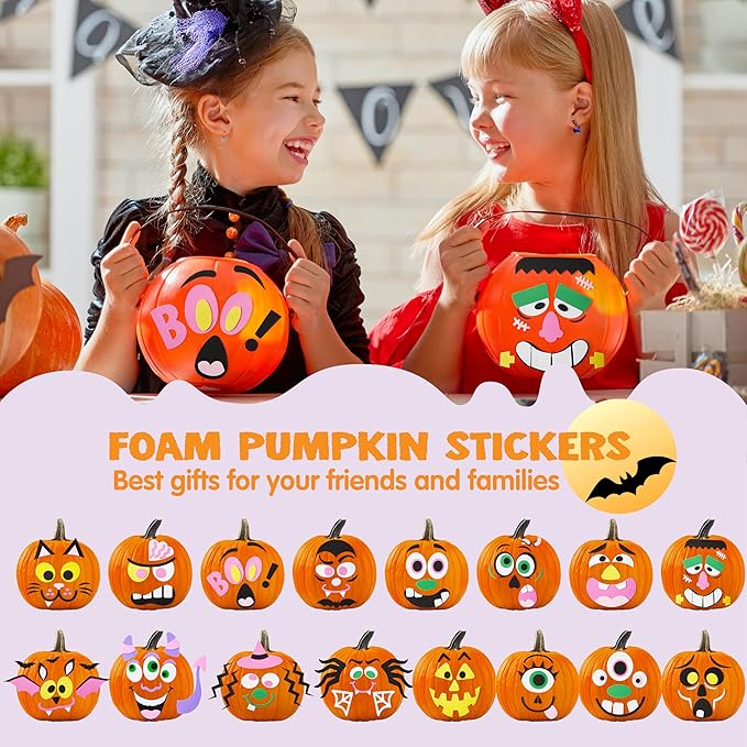 JOYIN 16 Packs Halloween Pumpkin Stickers Foam Craft Kit, Halloween Party Favors for Kids, Party Supplies Arts Activities, Pumpkin Decorating Stickers, Jack O Lantern Face Sticker School Games Gifts