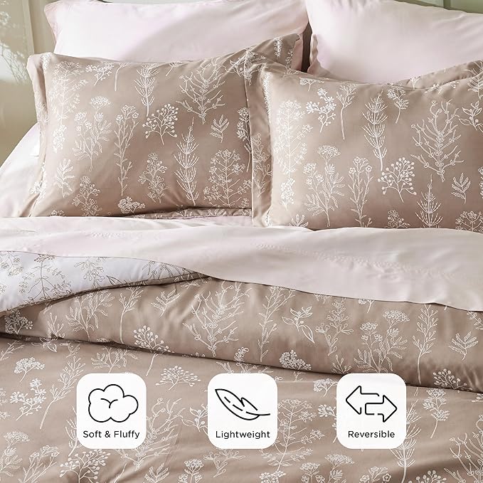 Bedsure Full Comforter Set - Light Taupe Bed Set, 3 Pieces Cute Floral Bedding, 1 Soft Reversible Botanical Flowers Comforter and 2 Pillow Shams