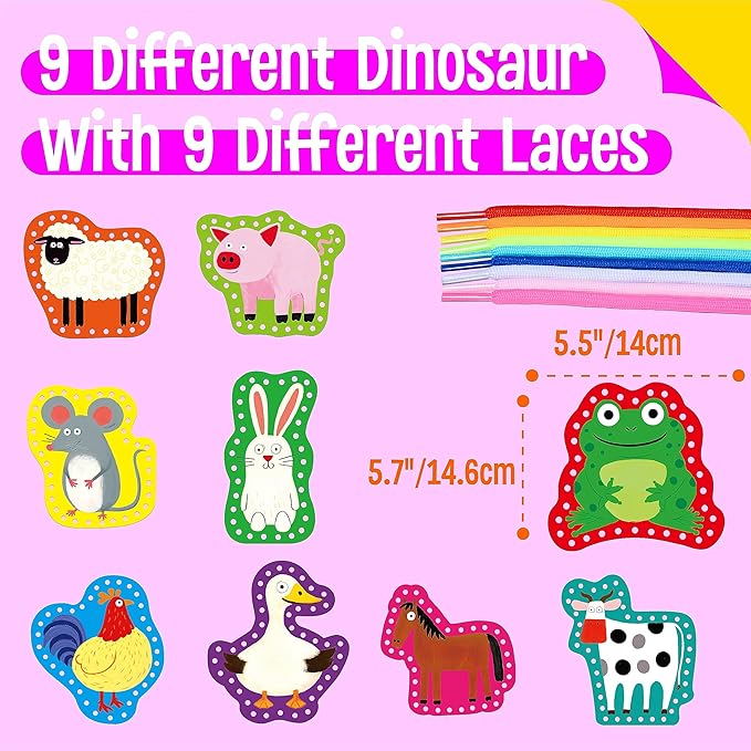9 Pieces Kids Lacing Cards, Double Sided Sewing Cards in 9 Farm Themed Cards with 9 Colorful Laces, Imagination Development Lacing Toys Games for Children Educational and Learning Activity