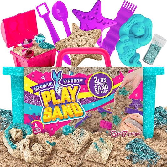 GirlZone Mermaid Sensory Sand Kit, 2lbs Moldable Play Sand for Kids Aged 3+, Magic Sand with Gems, Tools & Portable Treasure Chest, Kids Toys for Playdates, Party Games & Gifting