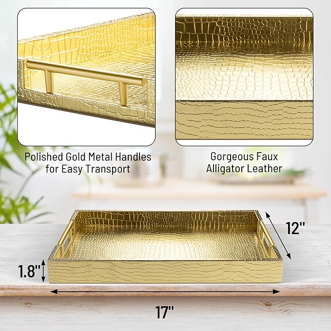 ATZYmolin 17" x 12" Wood Serving Tray with Gold Polished Metal Handles, Home Decorative Wooden Rectangle Ottoman Leather Decor Platter Bathroom Vanity Tray for All Occasions Alligator Gold