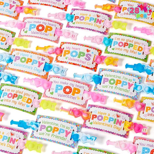 JOYIN 28 PCS Valentines Day Gifts for Kids, Valentines Cards with Heart Pop Bubble Bracelets, Stress Relief Fidget Toys for Girls Boys Toddler Valentines Classroom School Exchange Gifts Party Favor
