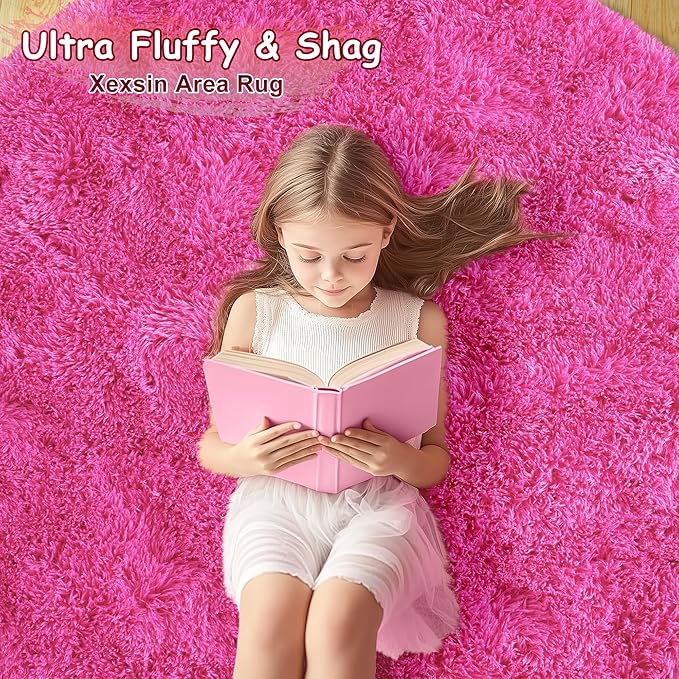 Xexsin Round Fluffy Rugs 7Ft for Girls Bedroom, Hot Pink Shag Circle Kids Rug Non-Slip for Bedside Dorm Nursery Playroom, Soft Cute Area Rugs for Living Room Decor