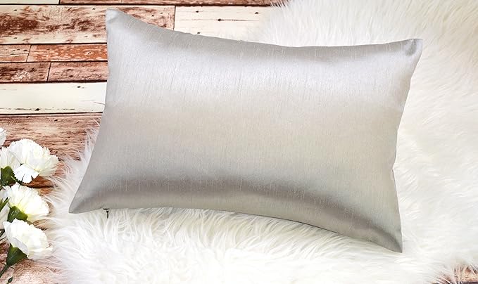 Aiking Home 12x18 Inches Faux Silk Rectangular Throw Pillow Cover, Zipper Closure, Silver (Set of 2)