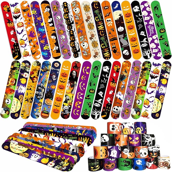 Halloween Slap Bracelets for Kids, 100 Halloween Bracelet Toys Bulk For Kids Girls Boys, Trick or Treat Party Favors, Exchanging Gifts, Classroom Prizes, Halloween Party Gift Treat Bag Filler Supply