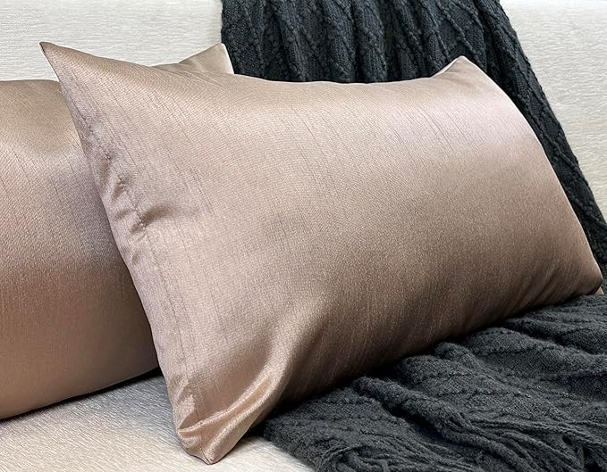 Aiking Home 12x24 Inches Faux Silk Rectangular Throw Pillow Cover, Zipper Closure, Sand (Set of 2)