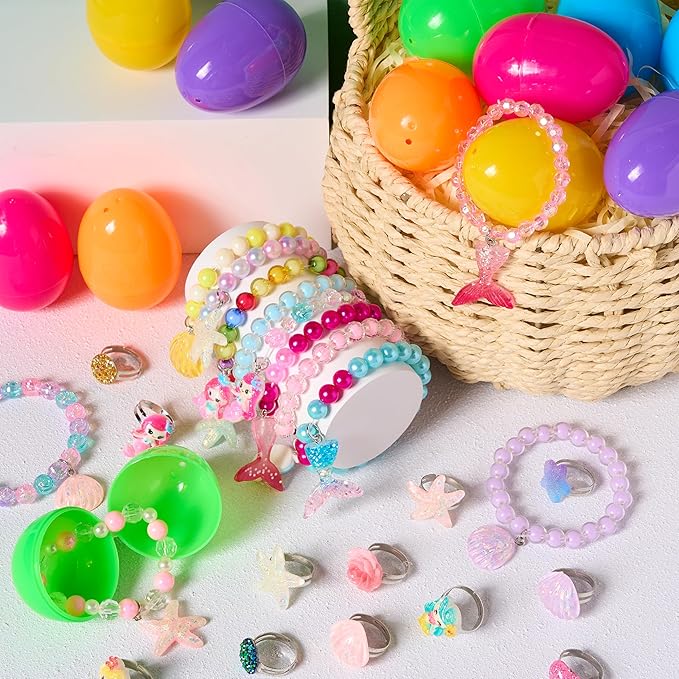 JOYIN 12 Pack Prefilled Easter Eggs with Different Designs of Beads Bracelets and Rings Inside, Jewelry Toys for Easter Basket Stuffers, Kids Egg Hunt, Girls Party Favors, Classroom Prizes Supplies