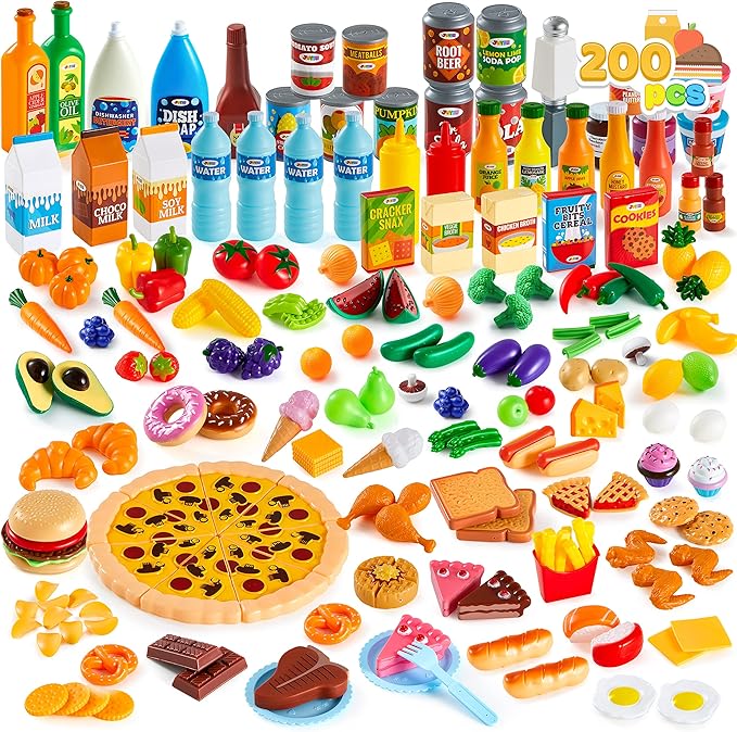 JOYIN 200 Pieces Kids Play Food Toy, Deluxe Pretend Play Set, Kids Kitchen Accessories with Realistic Colors, Toddler Birthday Gift, Party Toys