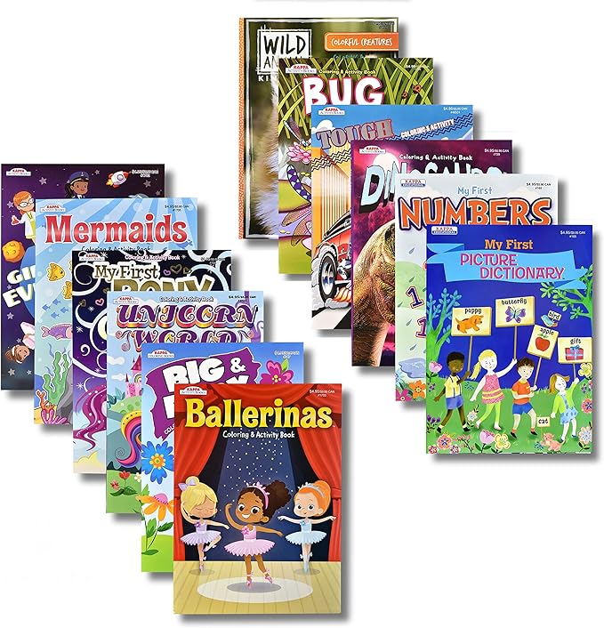 Kappa Coloring and Activity Books for Girls and Boys Numbers and Picture Dictionary Girl Power Mermaid Dinosaurs Trucks 8.5”x11” Extra Large Size for Hours of Fun, Ages 2-4, 4-8, 8-12 (Pack of 12)