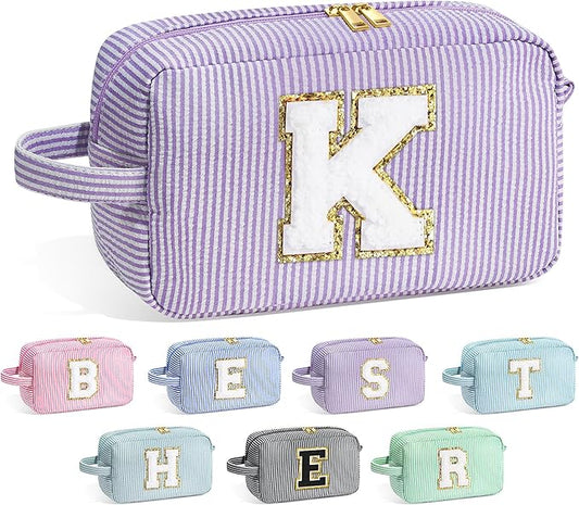 YOOLIFE Gifts for Women Teen Girls Kids - Initial Makeup Bag Cosmetic Case Toiletry Pouch, Birthday Gifts for Women Friends Sister Teacher, Purple K