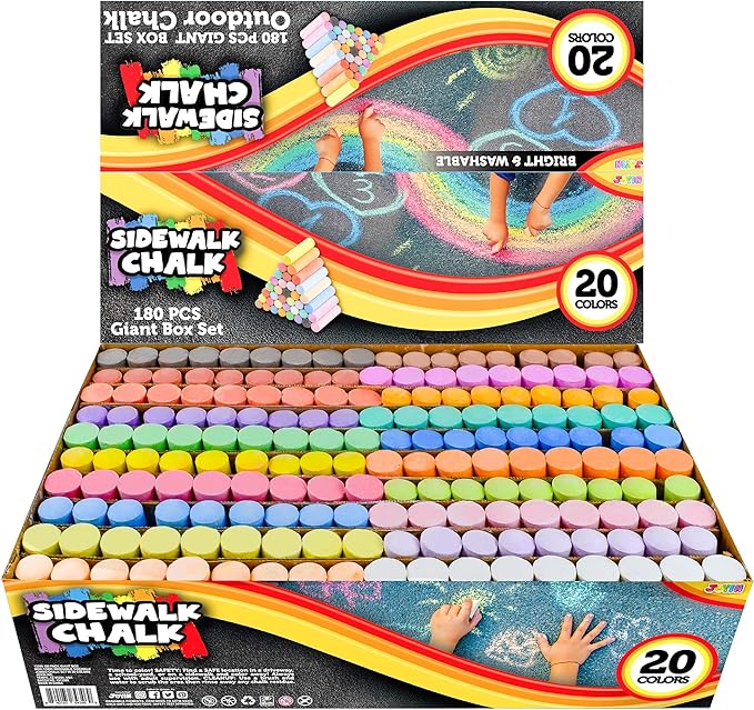JOYIN 180 PCS Washable Sidewalk Chalks Set in 20 Colors Non-Toxic Jumbo Chalk for Outdoor Art Play, Painting on Chalkboard, Blackboard and Playground
