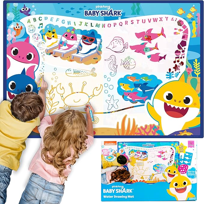Baby Shark Water Drawing Mat by Horizon Group USA, Includes Reusable 40-Inch Water Drawing Mat, Refillable Water Brush & Pens, Stencils, Mess-Free Water Art for Toddlers, Age 3+