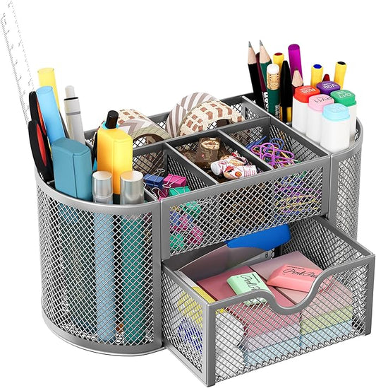 EasyPAG Mesh Pen Holder Desk Organizer with Drawer Stationery Supplies Organizer for Dorm School 9 Compartments Workspace Desk Accessories Organization for Office, Silver