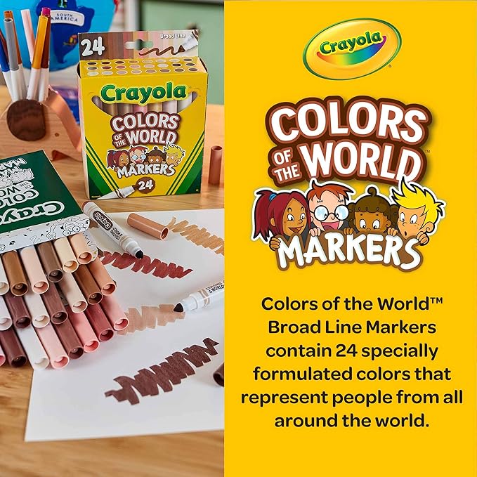 Crayola Colors of The World Markers (24 Count), Skin Tone Markers for Kids, Coloring Book Supplies, Skin Colored Markers, Gifts for Kids