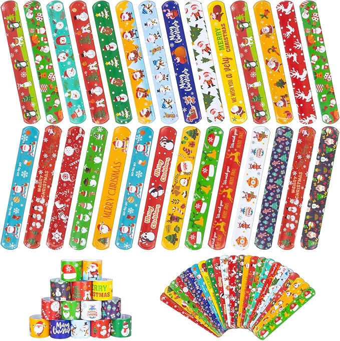 48 Pieces Christmas Slap Bracelets for Kids, 24 Styles Colorful Christmas Slap Wristbands Bulk for Kids Christmas Party Favors Toys Prizes Goodie Bags Fillers