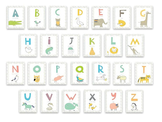 English Alphabet Wall Cards Art Flash Cards- Set of 26 White (5" x 7") Animal Alphabet Cards for Nursery Decor, Gifts, Kids Room, Classroom, by Kindred Sol Collective