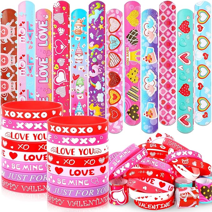 JUNEBRUSHS 50Pcs Valentines Day Party Favors Slap Bracelets Rubber Bracelets, Assorted Silicone Wristbands Snap Bracelets Valentines School Classroom Gifts Valentines Day Goodie Bag Stuffers