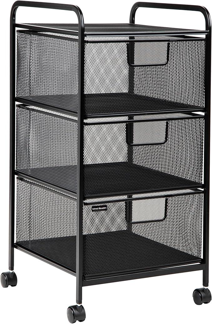 Mind Reader Office Storage Organizer with Mesh Drawers and Optional Wheels, Desktop and Under Desk Use, Metal Mesh, Black
