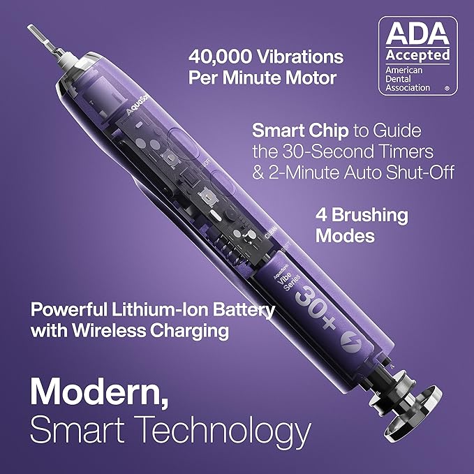 Aquasonic Vibe Series Ultra-Whitening Toothbrush – ADA Accepted Electric Toothbrush - 8 Brush Heads & Travel Case – 40,000 VPM Motor & Wireless Charging - 4 Modes w Smart Timer – Satin Violet
