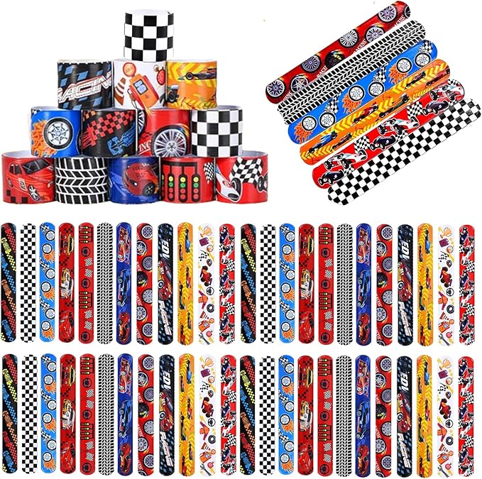 60pcs Hot Car Party Favors for Kids Bulk Slap Bracelets with Race Cars Theme Snap Bracelet for Kids, Goodie Bags Stuffers for Birthday Party, Treasure Box Toys for Classroom Prizes