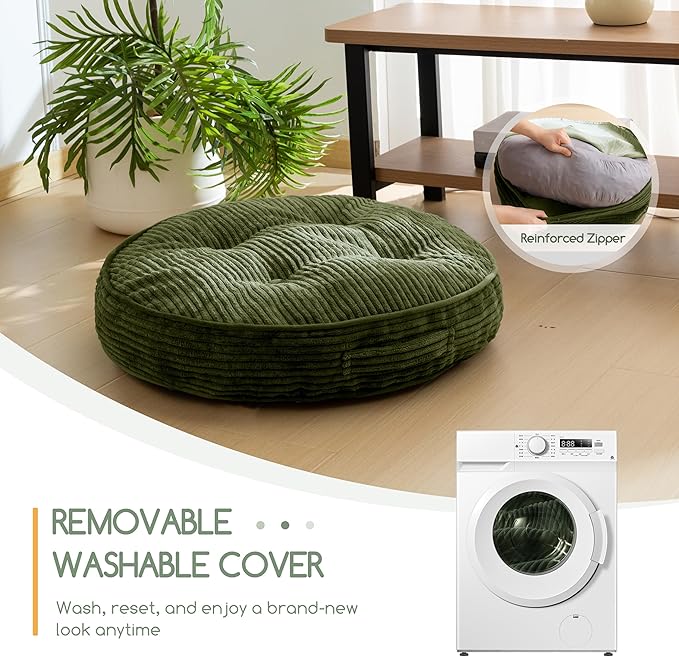 Washable Floor Pillow Cushion for Adults, Meditation Cushion Pillow, Large Round Floor Sitting, Removable Tufted Corduroy Cover, for Tatami Living Room or Yoga, 22x22 Inch, 2Pack, Machine Washable