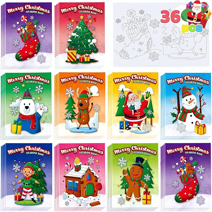 JOYIN 36 Pcs Christmas Coloring Books Bulk for Kids, Mini Coloring Booklets in 9 Covers with 10 Characters for Christmas Party Favor Supplies, Stockings Gifts Goodie Bags Stuffer Filler