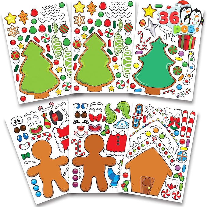 JOYIN 36 Pcs Christmas Make-a-face Sticker Sheets Make Your Own Xmas Cute Stickers with Gingerbread and Tree Sticker Series Design for Kids Party Favor, Art Craft Supplies, Classroom Activities Game