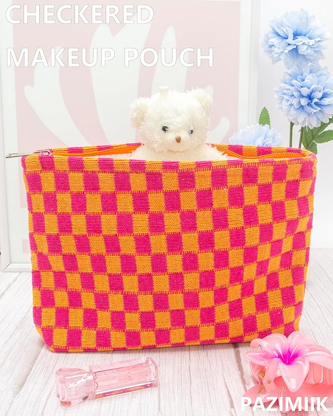 PAZIMIIK Knitted Checkered Makeup Bag Large Zipper Make Up Accessory Pouch for Purse Cosmetic Brush Bag for Travel Red Orange