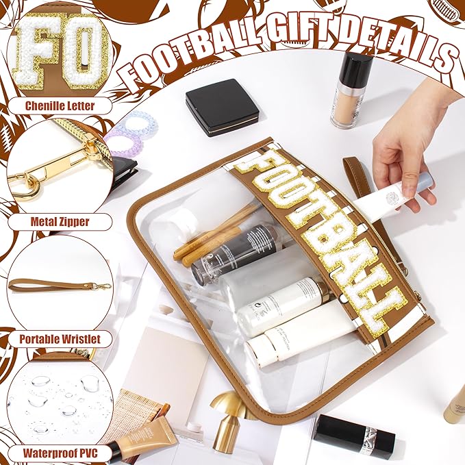 BuyCard Football Gifts Makeup Bag with Chenille Letter Patch, Clear Cosmetic Pouch PVC Organizer Purse, Waterproof Travel Bag, Portable Toiletry Storage Bag for Her Friends