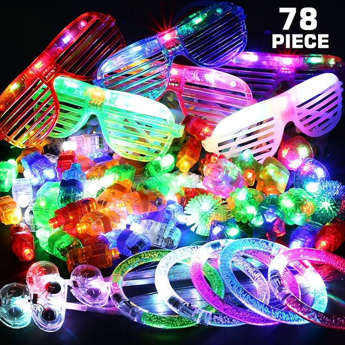 78PCs LED Light Up Toy Party Favors/Supplies Bulk Glow In The Dark For Adult Kids Birthday Halloween With 50 Finger Light, 12 Jelly Ring, 6 Flashing Glasses, 5 Bracelet, 5 Fiber Optic Hair Light