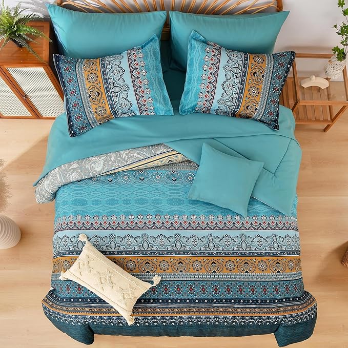 Boho Full Comforter Set 8 Pieces,Teal and Yellow Bohemian Comforter Paisley Striped Bed in A Bag,Soft Microfiber Bedding Set for All Season