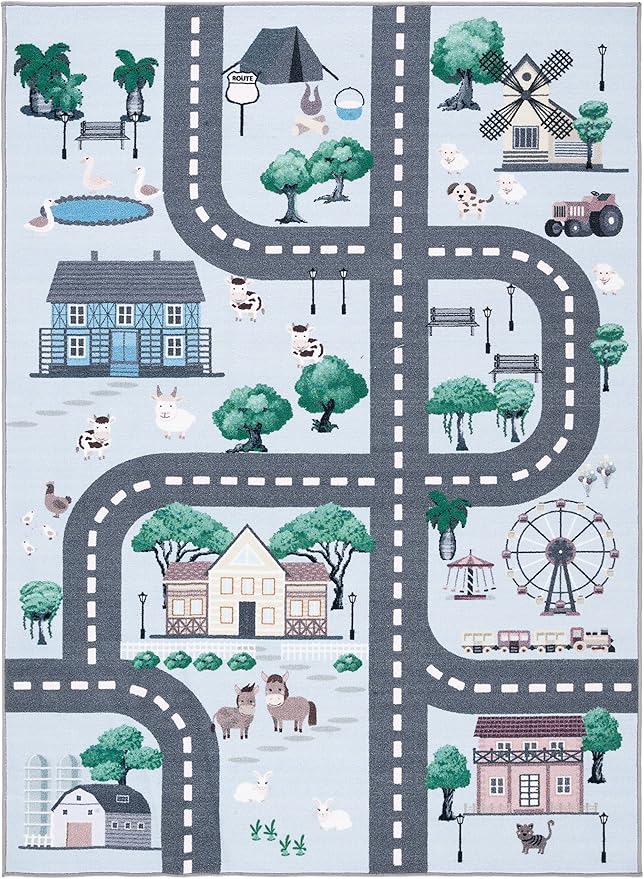 SAFAVIEH Kids Playhouse Collection Area Rug - 5'5" x 7'7", Blue & Dark Grey, Non-Shedding Machine Washable & Slip Resistant Ideal for High Traffic Areas for Boys & Girls in Playroom (KPH235M)