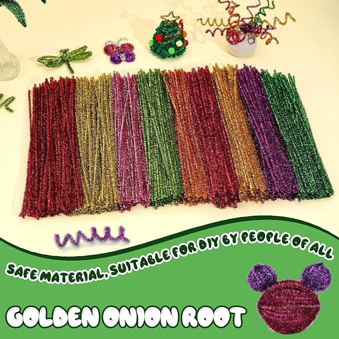 Hssugi Green Pipe Cleaners, 100PCS Pipe Cleaners Craft Supplies, Glitter Golden Pipe Cleaners Bulk Fuzzy Sticks for DIY Art and Craft Projects Home Decoration