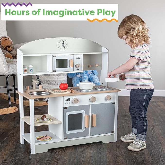 Hey! Play! Kids Kitchen Playset - Play Kitchen with Toy Microwave, Sink, Stovetop, Roaster, Utensils and Play Food - Wooden Play Kitchen for Toddlers