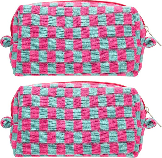 PAZIMIIK Checkered Makeup Bag for Purse Portable Zipper Make Up Pouch Small Cosmetic Case for Travel Accessories (2PCS Magenta Green)