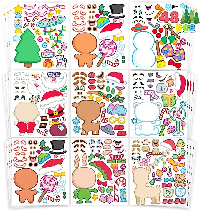 JOYIN 48 Pcs Christmas Make-a-face Sticker Sheets Make Your Own Characters Sticker with Full Body Design Santa Santa, Gingerbread, Snowman, Reindeer and Elf Kids Party Favor Supplies Xmas Craft