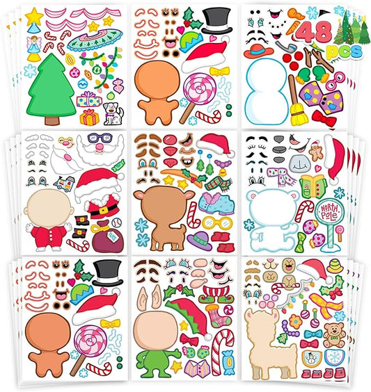 JOYIN 48 Pcs Christmas Make-a-face Sticker Sheets Make Your Own Characters Sticker with Full Body Design Santa Santa, Gingerbread, Snowman, Reindeer and Elf Kids Party Favor Supplies Xmas Craft