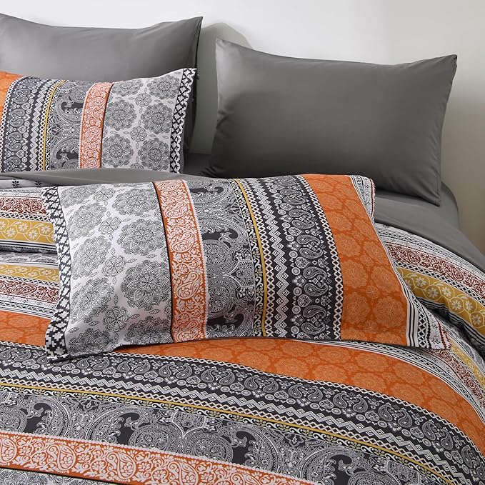 Cottolester Boho Comforter Set Queen Size,8 Pieces Orange Bohemian Striped Bed in a Bag,Paisley Soft Microfiber Bedding Comforter Set