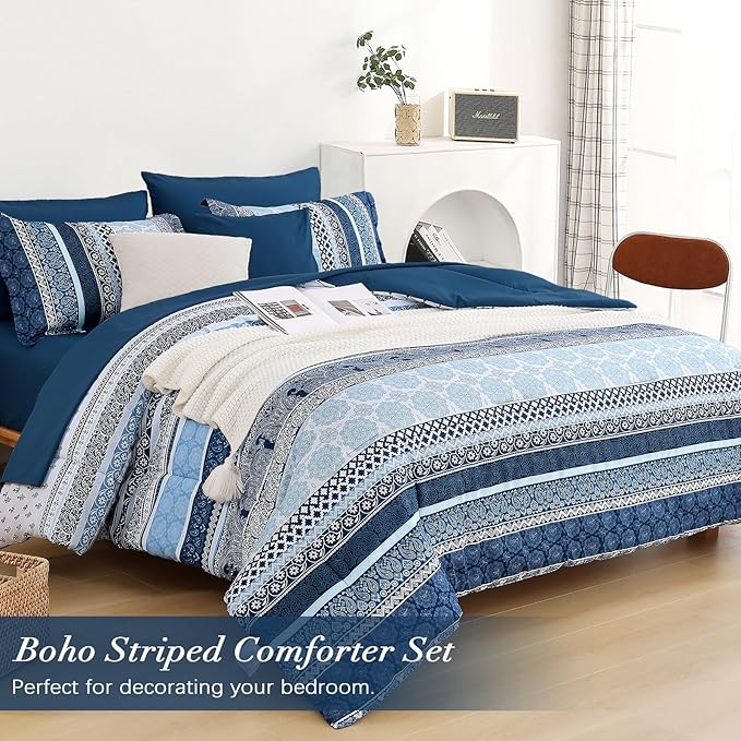 Boho Comforter Set Queen Size,8 Pieces Navy Blue Bohemian Striped Bed in a Bag,Paisley Soft Microfiber Bedding Comforter Set