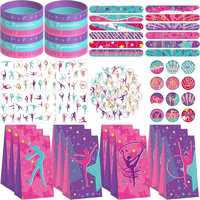 Gymnastics Party Favors, Gymnastics Birthday Party Decorations Supplies for Your Little Dance Gymnasts, Including Gift Bags, Slap Bracelets, Rubber Bracelets, Stickers, Tattoo Stickers, Button Pin