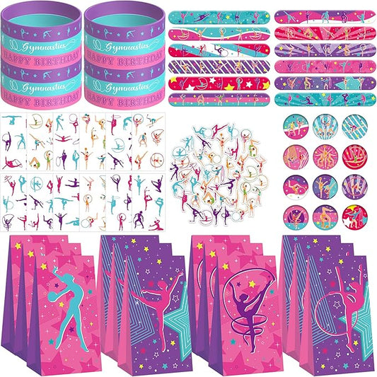 Gymnastics Party Favors, Gymnastics Birthday Party Decorations Supplies for Your Little Dance Gymnasts, Including Gift Bags, Slap Bracelets, Rubber Bracelets, Stickers, Tattoo Stickers, Button Pin