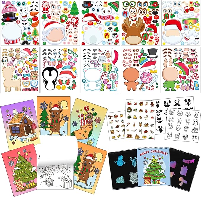 JOYIN Christmas 20 Pcs Make-a-face Stickers, 10 Pcs Coloring Book, 10 Pcs Rainbow Color Scratch, Christmas Art & Craf Kit Combo Set for Kids Girls and Boys, Holiday Presents and Party Favors