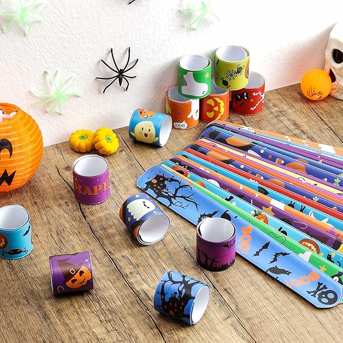Halloween Party Favors for Kids, 48 PCS Halloween Slap Bracelets Assorted Bulk Party Decorations, Snap Bracelet Wristbands for Kids Print with Spider Pumpkin Ghost Print Halloween Treats Supplies