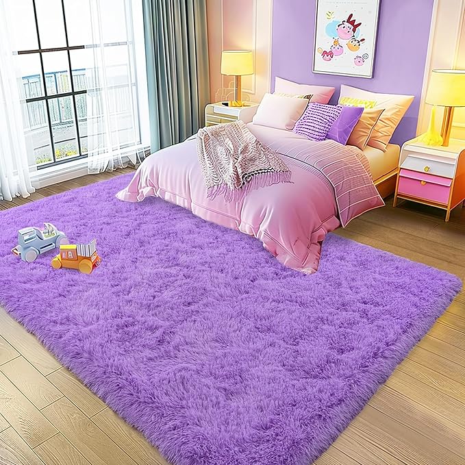Xexsin Ultra Fluffy Area Rugs for Living Room Bedroom, 6x9 Fuzzy Large Living Room Rugs, Thick Shag Rug for Dorm, Soft Non Slip Kids Girls Boys Rug for Home Decor Aesthetic, Purple