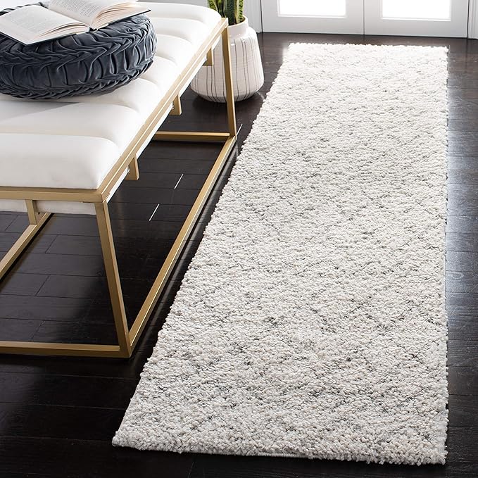SAFAVIEH Berber Shag Collection Runner Rug - 2' x 12', Cream & Light Grey, Moroccan Design, Non-Shedding & Easy Care, 1.2-inch Thick Ideal for High Traffic Areas in Living Room, Bedroom (BER165C)