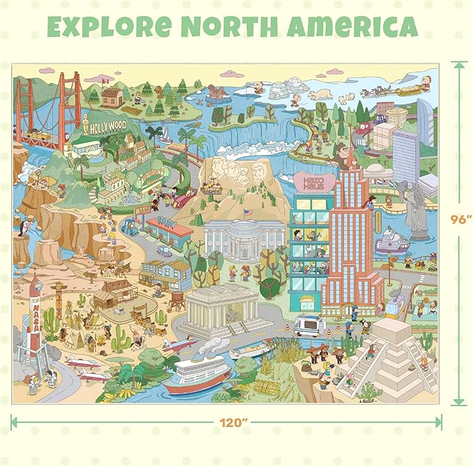 Large 8x10 Kids Rug – North America Geography Carpet with Landmarks, Wildlife & U.S. Presidents – Giant Educational Play Mat for Homeschool, Daycare, Classroom, or Pretend Play Area